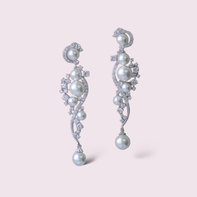 Pearl Silver Cubic Zirconia Drop Bridal Earrings, Wedding Earrings