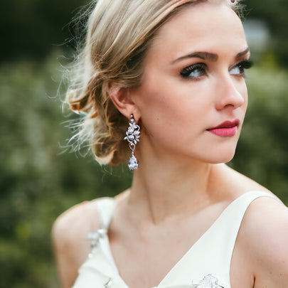 Pearl Silver Floral Cubic Zirconia Drop Bridal Earrings, Wedding Earrings