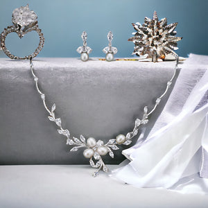 Elegant Floral Pearl & Crystal Bridal Jewellery Set, Cubic Zirconia Necklace and Earrings Set