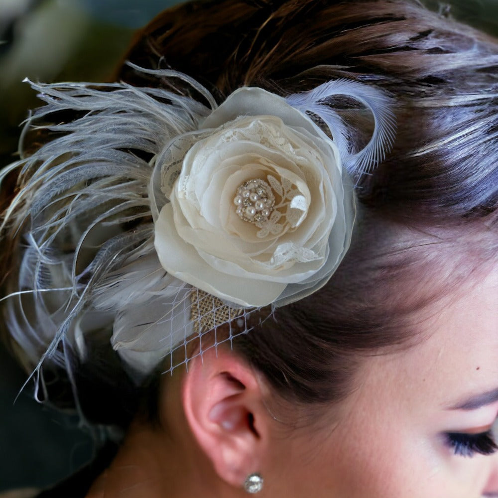 Bridal Veils & Hair Accessories, Champagne Fabric Feather Fascinator with Swarovski Elements, Fabric Hair Flower