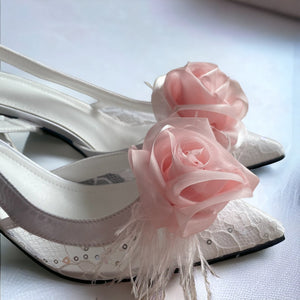 Organza Rose Fabric Flower Feather Wedding Shoes Clips, Handmade Decor - pink