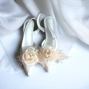 Organza Rose Fabric Flower Feather Wedding Shoes Clips, Handmade Decor - Champagne