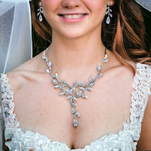 Wedding Jewellery Set, Dramatic Leaf Vines Cubic Zirconia Wedding Necklace and Earrings Set