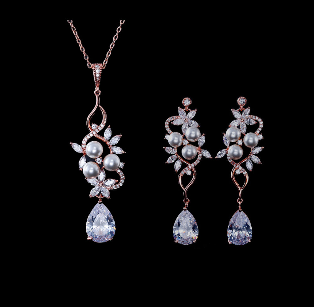 Wedding Jewellery Set, Exquisite Rose Gold Floral Pearl & Crystal Set, Cubic Zirconia Necklace and Earrings Set