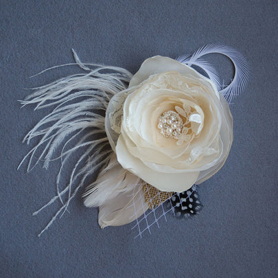 Bridal Veils & Hair Accessories, Beige Fabric Feather Fascinator with Swarovski Elements, Fabric Hair Flower