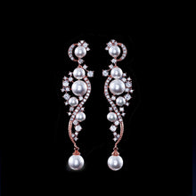 Load image into Gallery viewer, Best Seller: Pearl Rose Gold Cubic Zirconia Drop Bridal Earrings