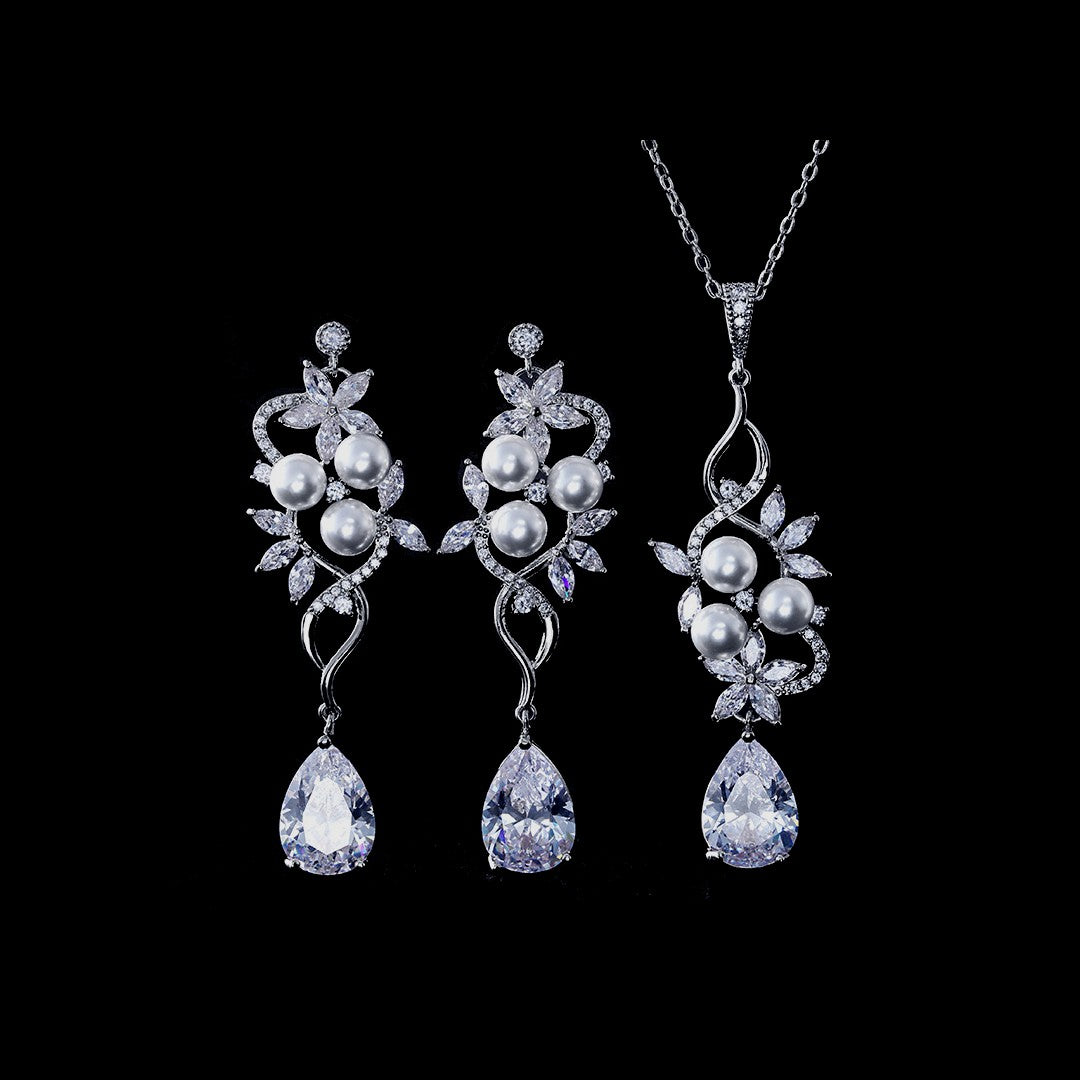 Wedding Jewellery Set, Exquisite Silver Floral Pearl & Crystal Set, Cubic Zirconia Necklace and Earrings Set