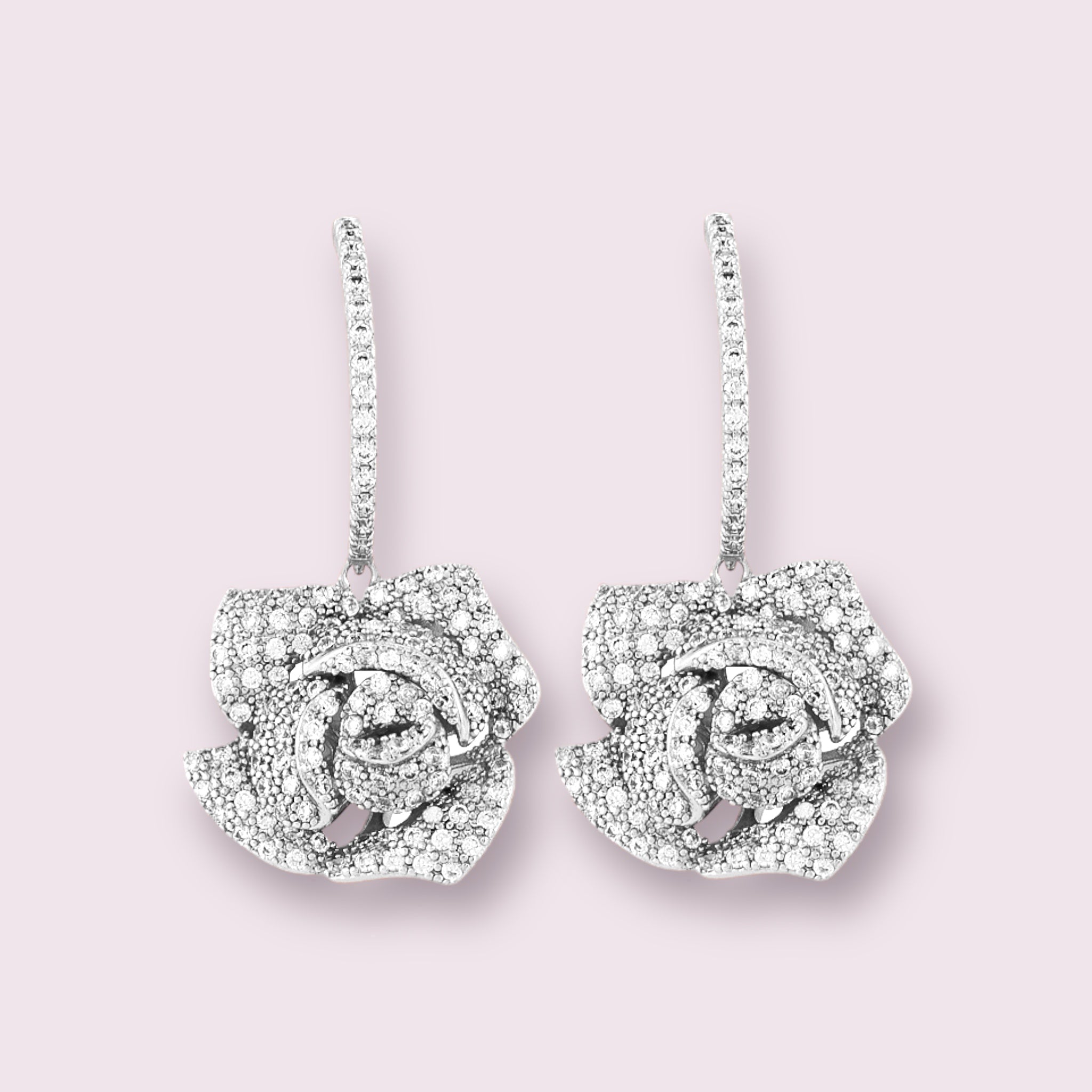 Silver Rose Micro-paved Drop Bridal Earrings, Wedding Earrings