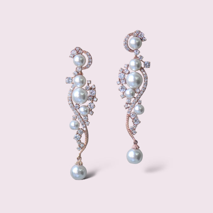 Best Seller: Pearl Rose Gold Cubic Zirconia Drop Bridal Earrings