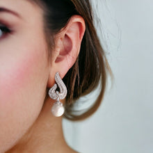 Load image into Gallery viewer, Art Nouveau Micro-paved Mother of Pearl Bridal Earrings