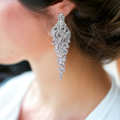 Elegant Gardenia Floral Cubic Zirconia Micro-paved Bridal Earrings, Crystal Earrings