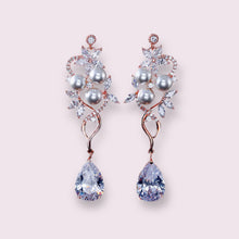 Load image into Gallery viewer, BEST SELLER - Pearl Rose Gold Floral Cubic Zirconia Drop Bridal Earrings, Wedding Earrings