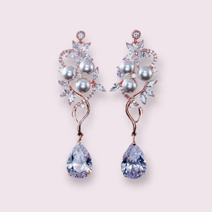 BEST SELLER - Pearl Rose Gold Floral Cubic Zirconia Drop Bridal Earrings, Wedding Earrings