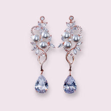 Load image into Gallery viewer, Pearl Silver Floral Cubic Zirconia Drop Bridal Earrings, Wedding Earrings