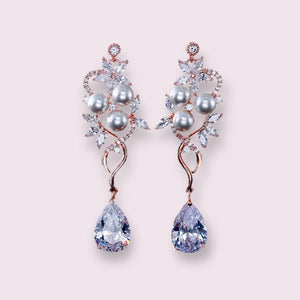 Pearl Silver Floral Cubic Zirconia Drop Bridal Earrings, Wedding Earrings