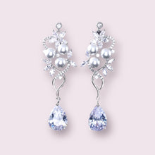 Load image into Gallery viewer, BEST SELLER - Pearl Silver Floral Cubic Zirconia Drop Bridal Earrings, Wedding Earrings