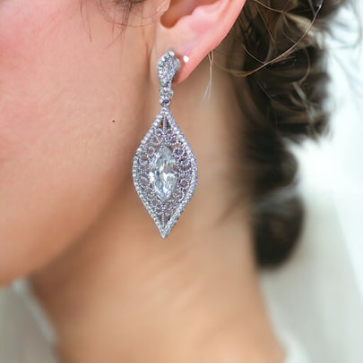 Leaf Shape Vintage Micro-paved Bridal Earrings, Cubic Zirconia Wedding Earrings