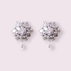 Marquise Cut Flower White Gold plated AAA Cubic Zirconia Wedding Earrings, Bridal Earrings