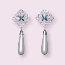 Load image into Gallery viewer, Teardrop Pearl CZ micro paved drop earrings, sterling silver posts, Bridal, Bridesmaids