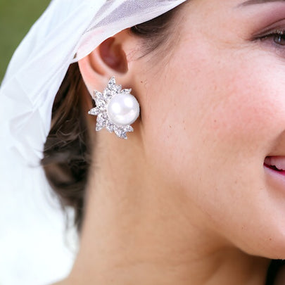 Pearl Cubic Zirconia Studs Bridal Earrings, Classic and Match Everyone