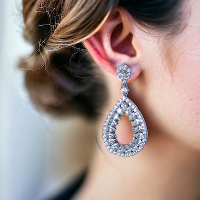 Teardrop shape Clear CZ micro paved bridal earrings, sterling silver posts
