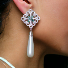Load image into Gallery viewer, Pearl Emerald Crystal CZ Micro Paved Earrings, Sterling Silver Posts, Bride, Bridesmaids