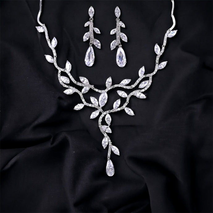 Dramatic Leaf Vines Cubic Zirconia Wedding Necklace and Earrings Set