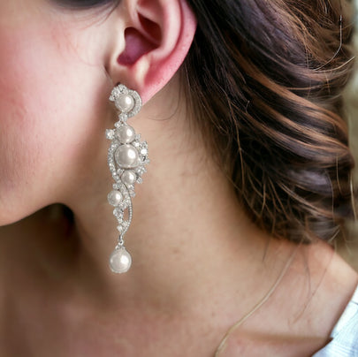 BEST SELLER - Pearl Silver Cubic Zirconia Drop Bridal Earrings, Wedding Earrings