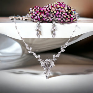 Wedding Jewellery Set,  Silver Simple Leaf Bridal Crystal Wedding Jewellery Set, Cubic Zirconia Necklace and Earrings Set