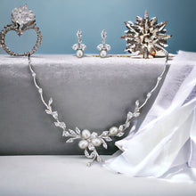 Load image into Gallery viewer, Elegant Floral Pearl &amp; Crystal Bridal Jewellery Set, Cubic Zirconia Necklace and Earrings Set