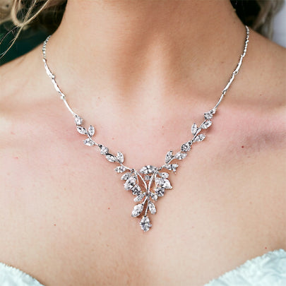 Wedding Jewellery Set,  Simple Leaf Bridal Crystal Wedding Jewellery Set, Cubic Zirconia Necklace and Earrings Set