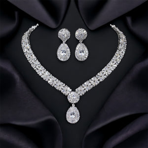 Grand Boho CZ Floral Crystal Bridal Jewellery Set, Cubic Zirconia Necklace and Earrings Set