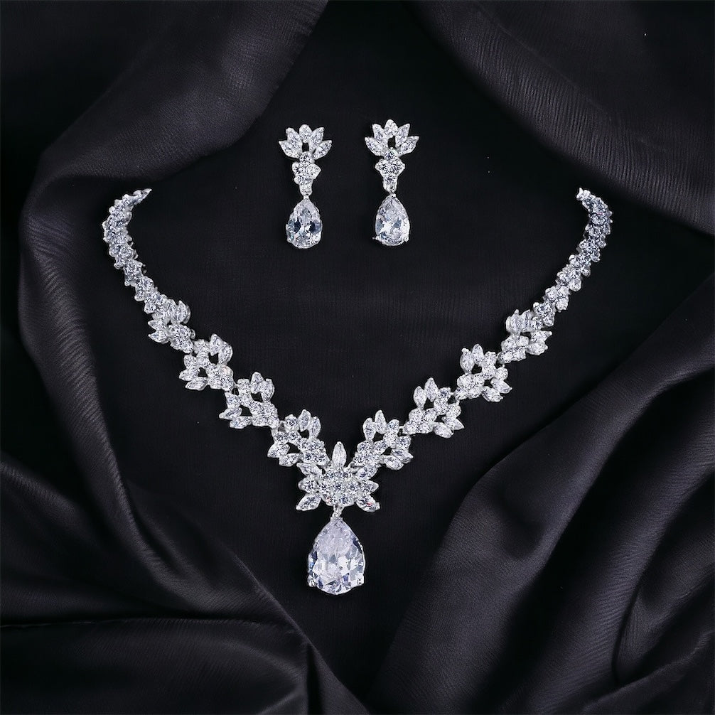 Exquisite Leaf & Flora Bridal Jewellery Set, Cubic Zirconia Necklace and Earrings Set