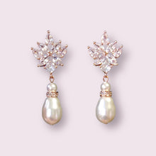 Load image into Gallery viewer, Swarovski Pearl Rose Gold Vintage Cubic Zirconia Drop Bridal Earrings, Wedding Earrings
