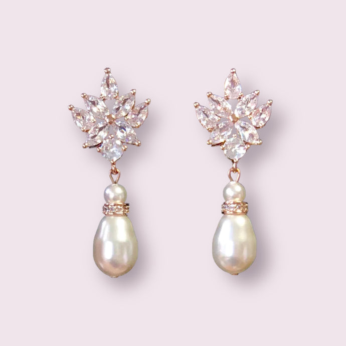 Swarovski Pearl Rose Gold Vintage Cubic Zirconia Drop Bridal Earrings, Wedding Earrings