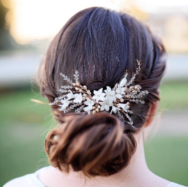 Porcelain Lily in Swarovski Crystals Branches Handmade Bridal Headpiece in Rose Gold