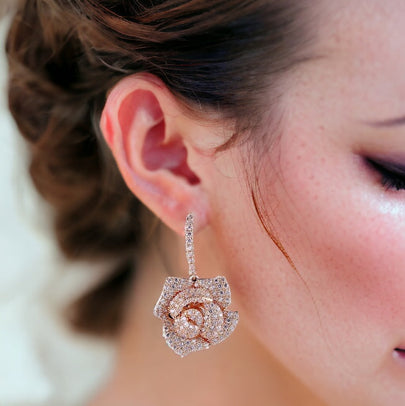 Silver Rose Micro-paved Drop Bridal Earrings, Wedding Earrings