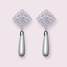 Load image into Gallery viewer, Pearl Emerald Crystal CZ Micro Paved Earrings, Sterling Silver Posts, Bride, Bridesmaids