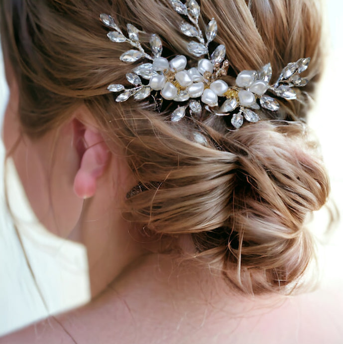 Floral Swarovski Pearls and Navette Crystal Handmade Bridal Headpiece
