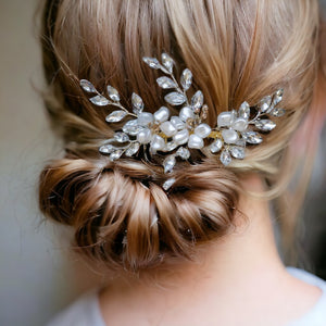 Bridal Veils & Hair Accessories, Floral Swarovski Pearls and Navette Crystal Handmade Wedding Comb Headpiece