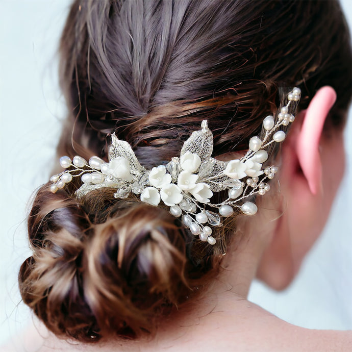 Bridal Veils & Hair Accessories, Delicate Tulip Porcelain Flowers & Pearls Bridal Headpiece, Handmade Hair Comb