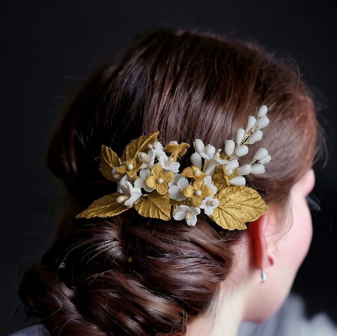 Porcelain Flowers in Gold Handmade Bridal Headpiece, Gold Hair Comb
