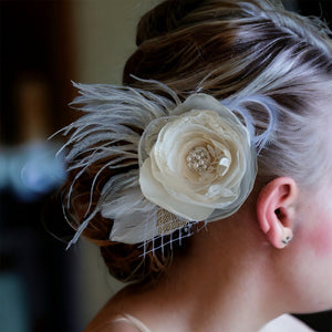 Bridal Veils & Hair Accessories, Champagne Fabric Feather Fascinator with Swarovski Elements, Fabric Hair Flower