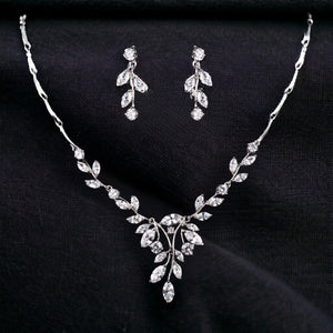Wedding Jewellery Set, Silver Simple Leaf Bridal Crystal Wedding Jewellery Set, Cubic Zirconia Necklace and Earrings Set