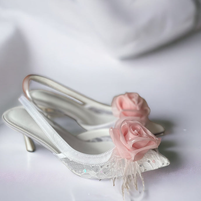 Organza Rose Fabric Flower Feather Shoes Clips, Handmade Decor - Pink