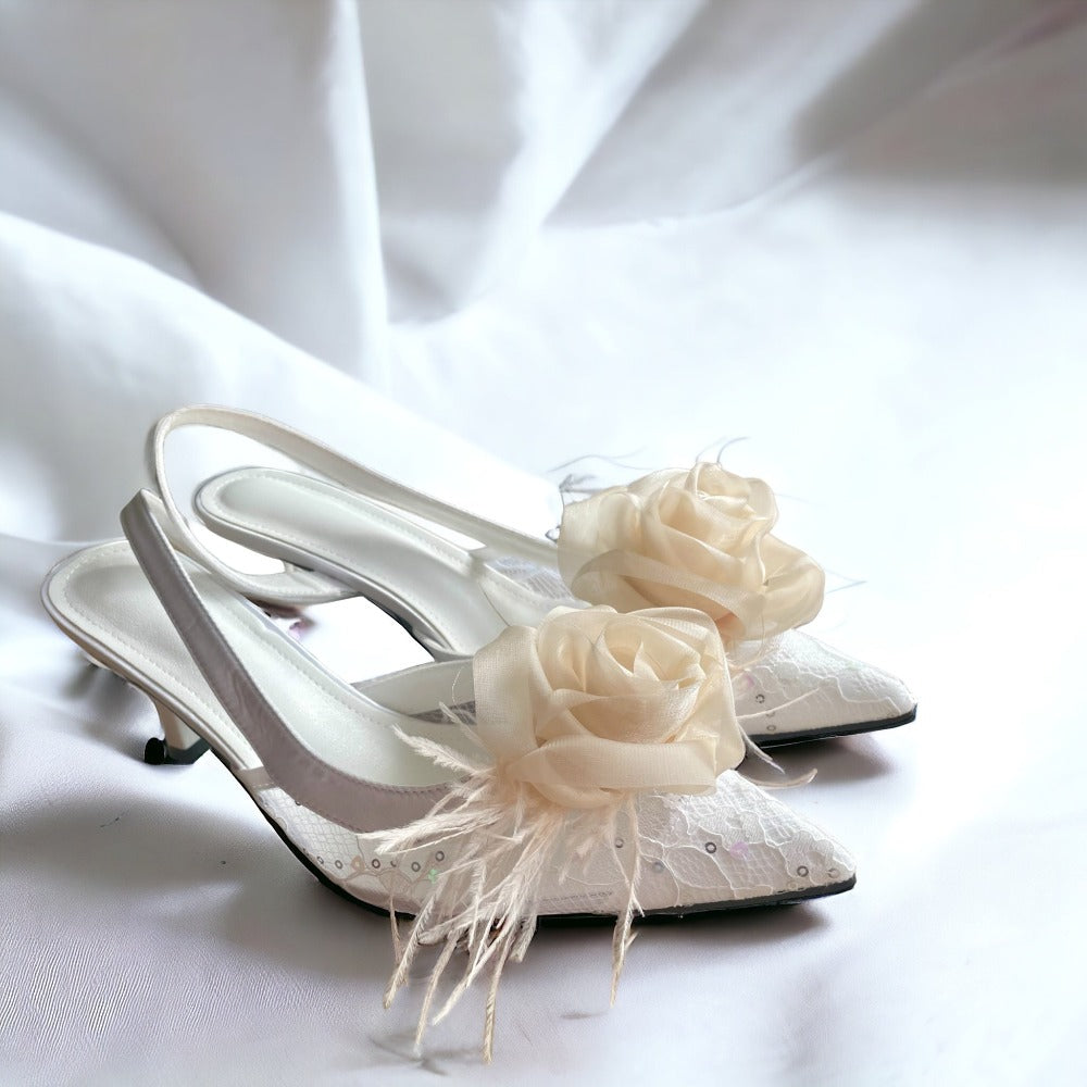 Organza Rose Fabric Flower Feather Wedding Shoes Clips, Handmade Decor - Champagne