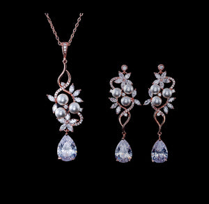 BEST SELLER - Exquisite Rose Gold Floral Pearl & Crystal Set, Cubic Zirconia Necklace and Earrings Set