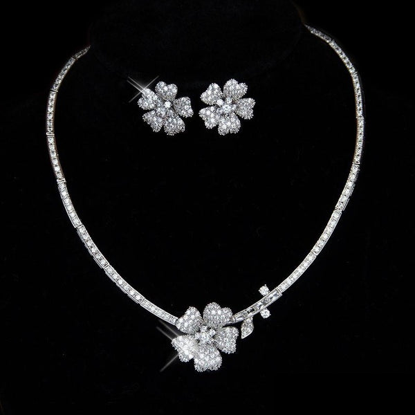 Modern Floral Bridal jewellery set, micro-paved necklace and earrings, wedding jewelry