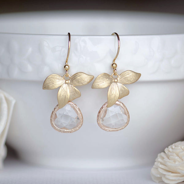 Wholesale Gold Orchid Clear Bridesmaids Earrings at Low Price