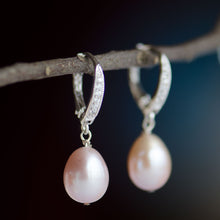 Load image into Gallery viewer, Lavender freshwater pearl drop on CZ Sterling Silver earrings,  Bridal Earrings, Bridesmaids